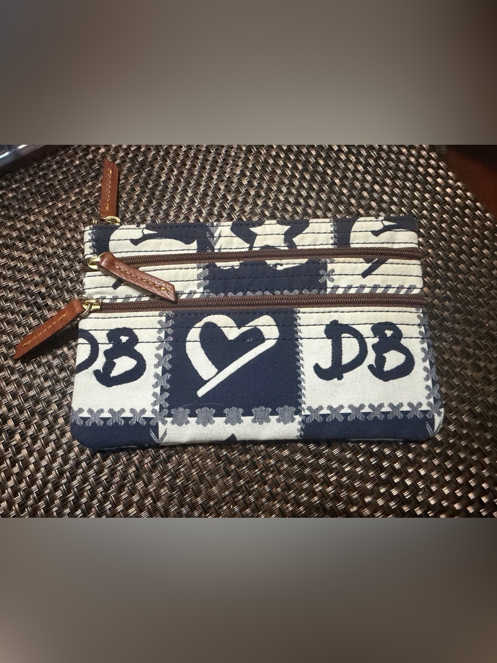 Dooney & Bourke Navy and White Heart Star Duck 3 Zip Wristlet Pouch